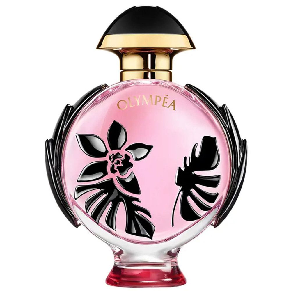 Flacon rond rose avec décor noir et bouchon doré. Logo Olympea.
