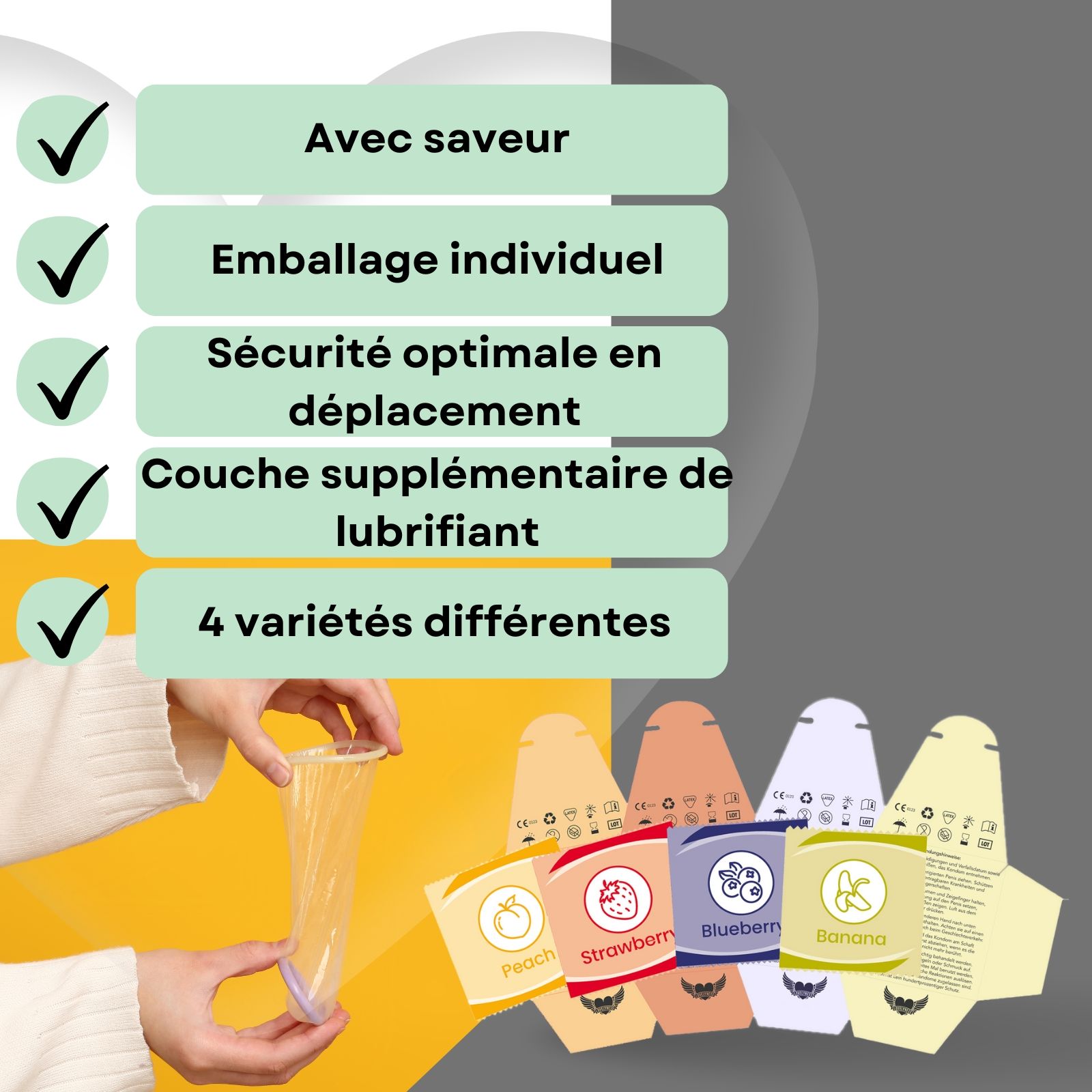 Préservatifs saveur fruit, emballés individuellement. Inscriptions : Peach, Strawberry, Blueberry, Banana.
