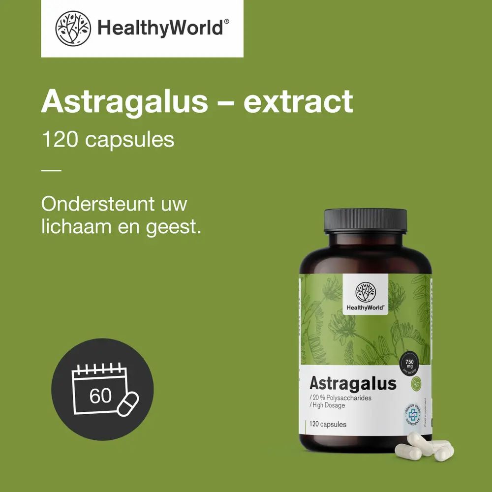Fles Astragalus-extract, naast een vrouw met gesloten ogen en een kalendersymbool.