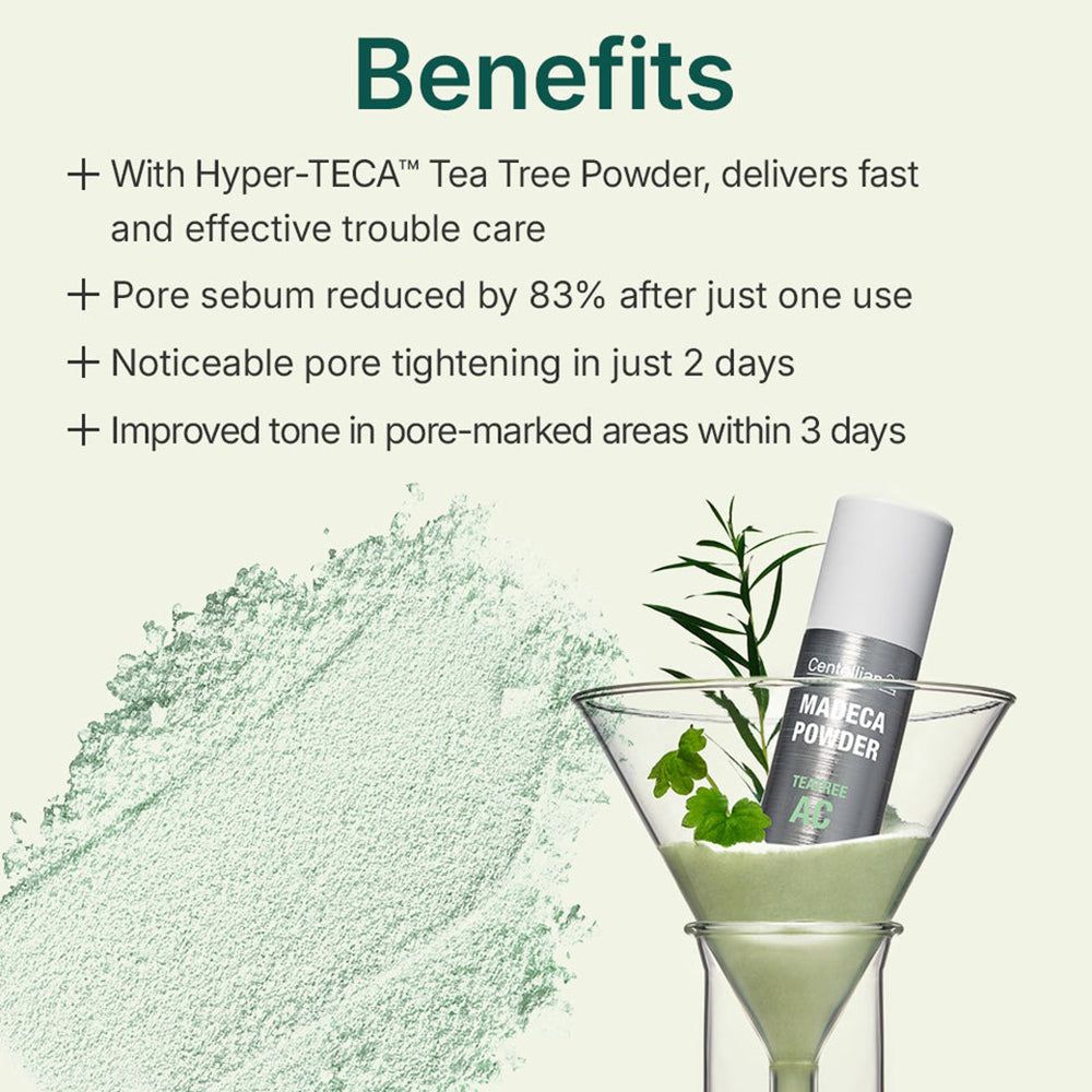 Produit dans un verre. Texte: Avantages. Contient Hyper-TECA Tea Tree Powder. Réduit les pores, améliore le teint.