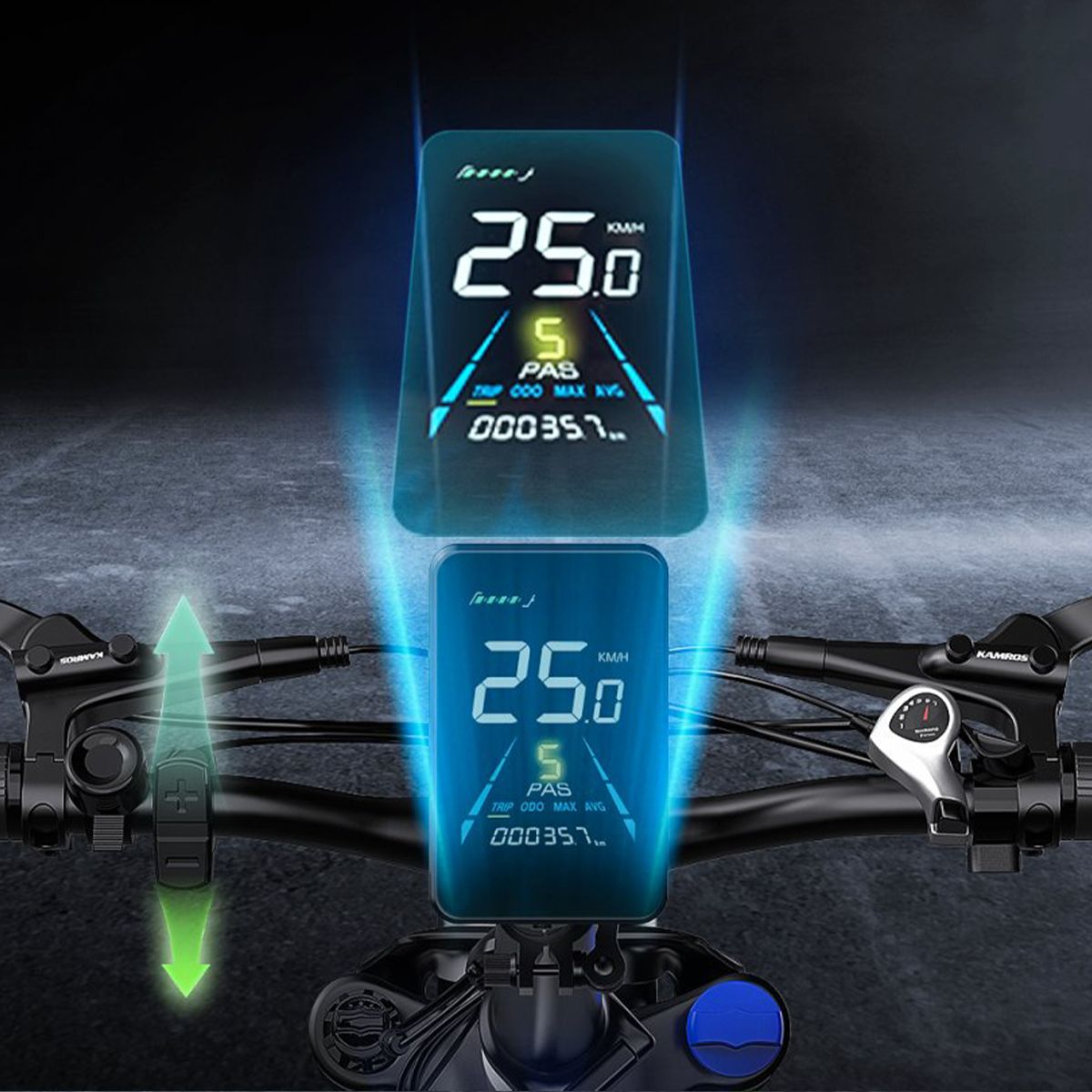 E-bike display met snelheidsmeter, PAB, MAX, KVS en kilometerstand. Merk TTGO, model F6.