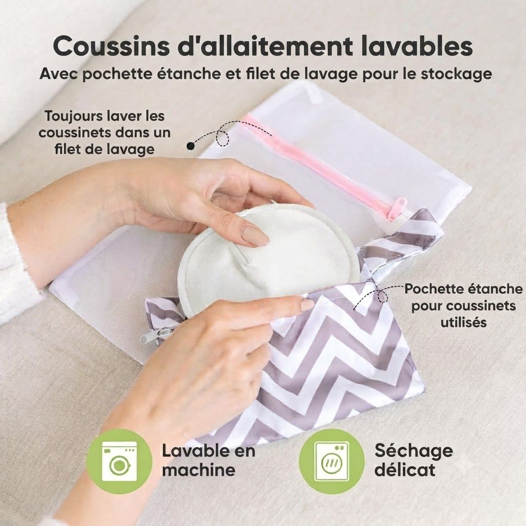 Coussinets d'allaitement lavables avec pochette étanche et filet de lavage. Lavable en machine, séchage délicat.