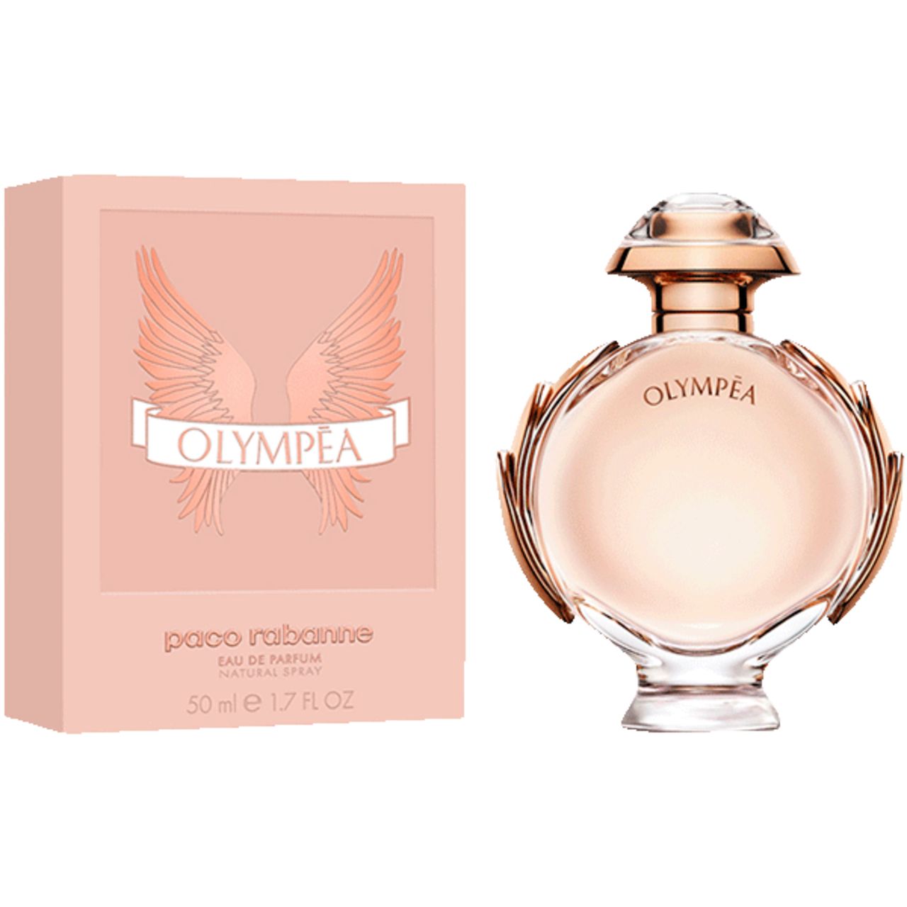 Parfumfles en verpakking. Ronde fles, roze-goudkleurig. Roze verpakking met vleugelmotief en opschrift Olympea.