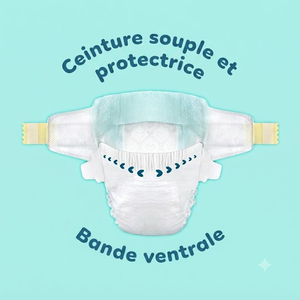 Couche Pampers: Taille souple et protectrice, ceinture abdominale. Matériaux doux.