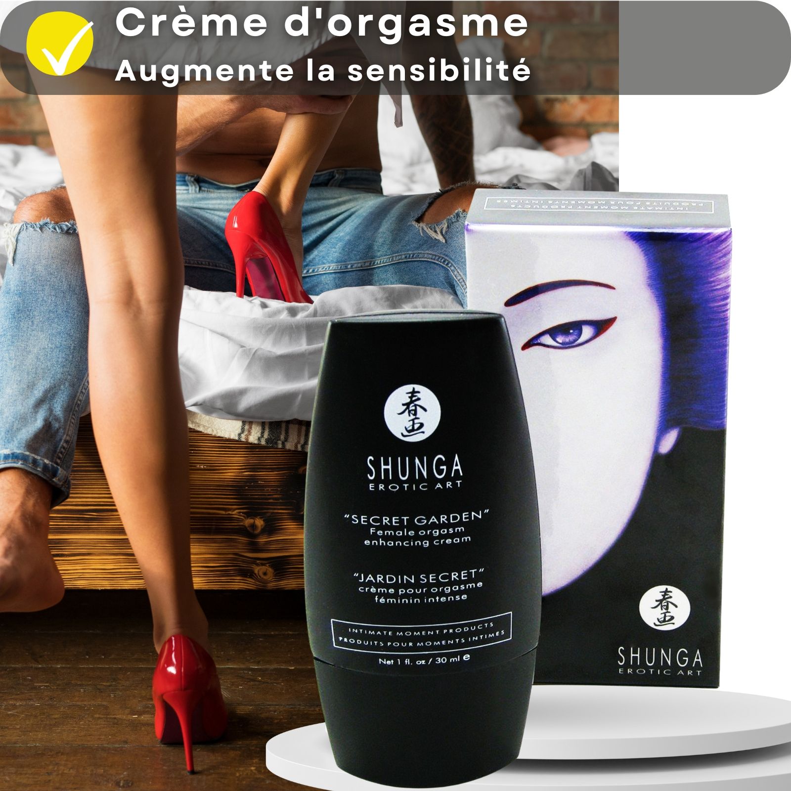 Flacon et boîte du produit. Texte en français. Nom du produit : Shunga. Couple en arrière-plan. Chaussures rouges.