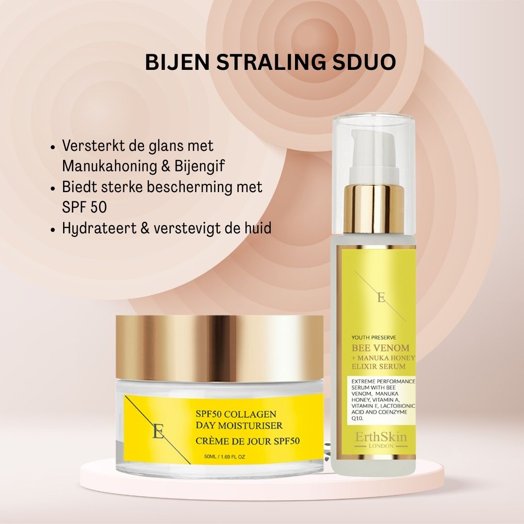 ErthSkin London Bijen Straling Duo: dagcrème en serum met Manuka honing & bijengif. Versterkt glans, biedt SPF 50 bescherming, hydrateert.