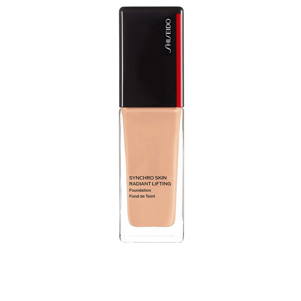 Flacon de fond de teint Shiseido Synchro Skin. Flacon en verre rectangulaire avec bouchon noir. Texte: Synchro Skin Radiant Lifting.