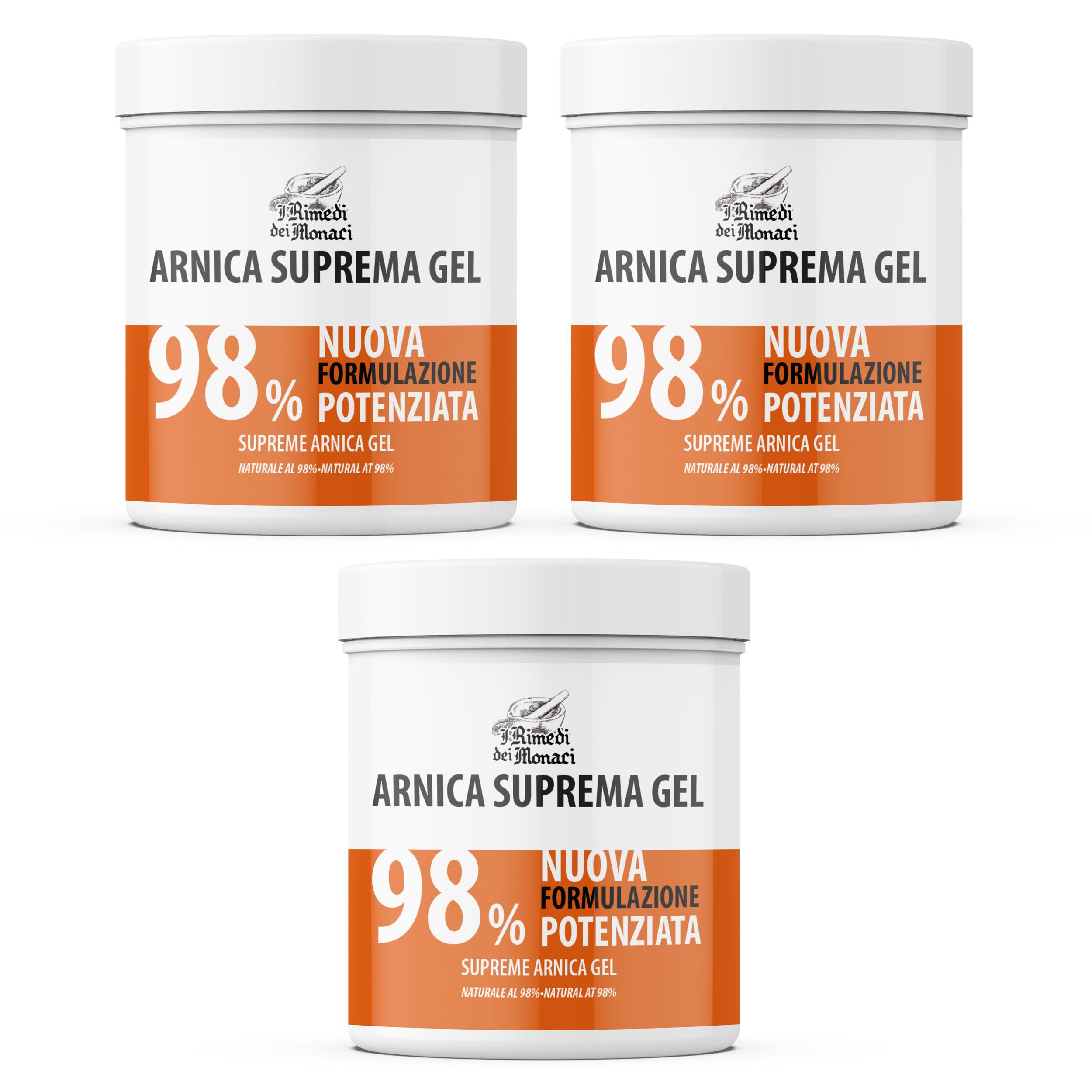 Drie witte potten met oranje etiketten. Elke pot toont "Arnica Suprema Gel" en "98%". 