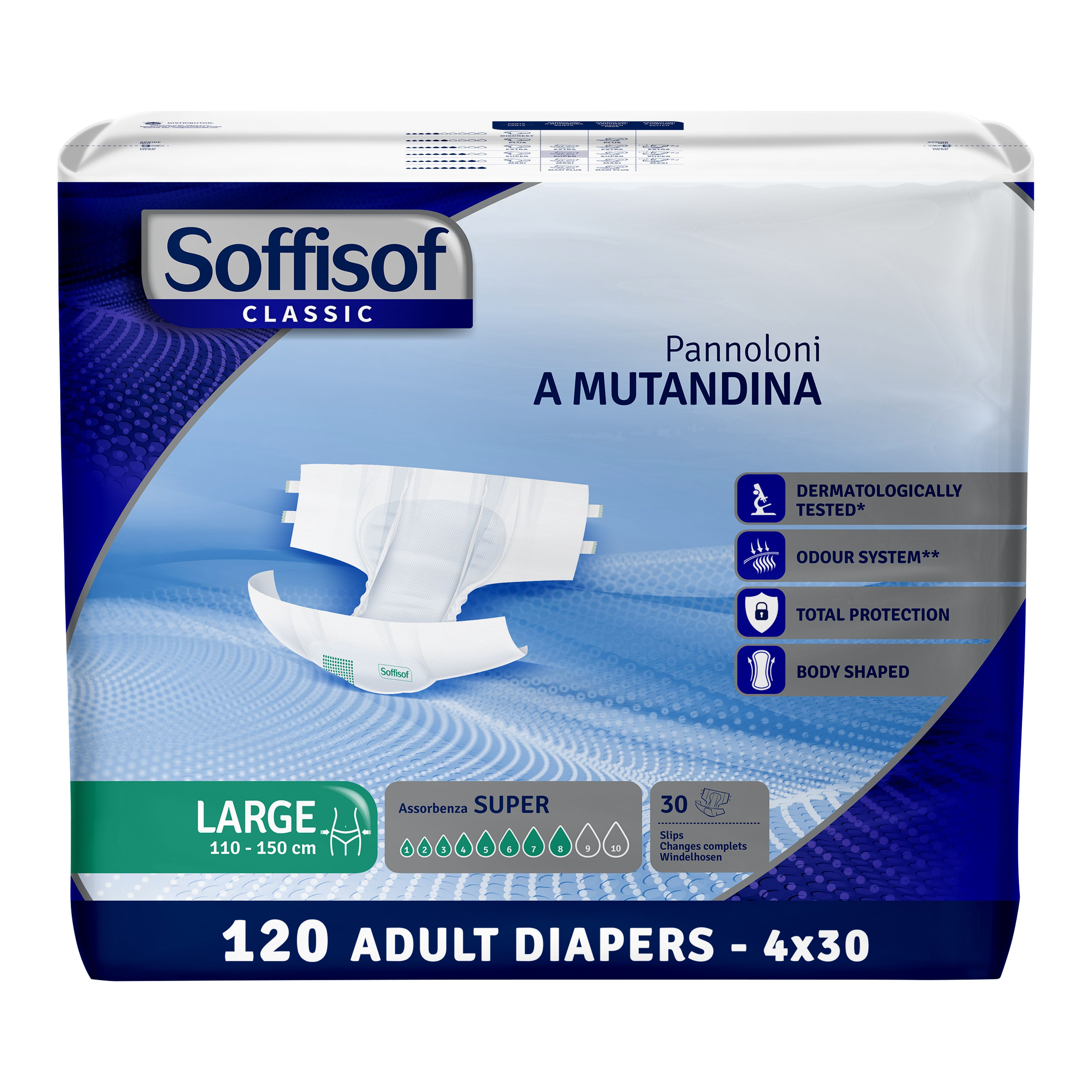 Soffisof Classic luiers, maat Large, 110-150 cm. 120 stuks. Super absorptie. Dermatologisch getest.