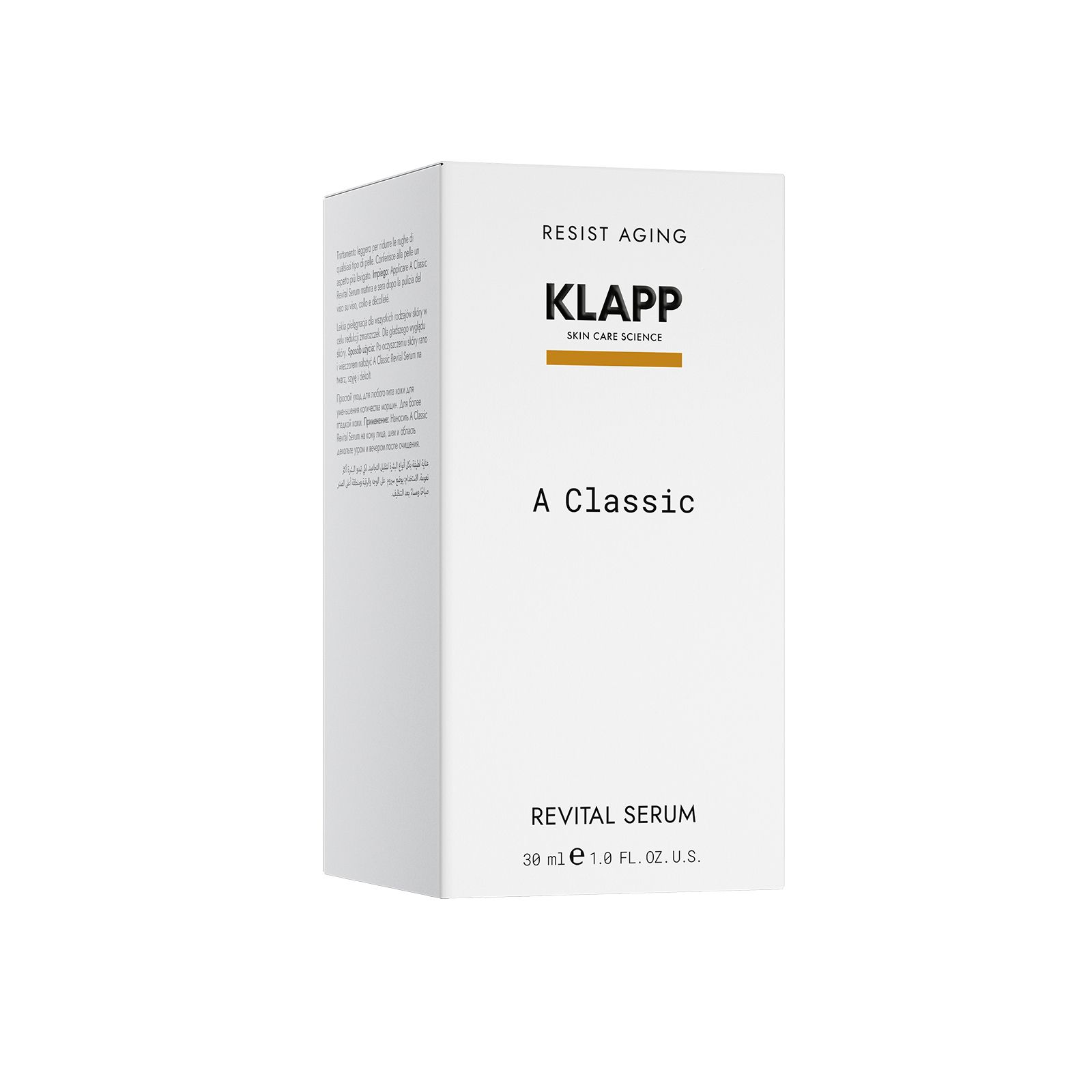 Witte verpakking met productnaam en logo. Opschrift: Resist Aging, Klapp, A Classic, Revital Serum.