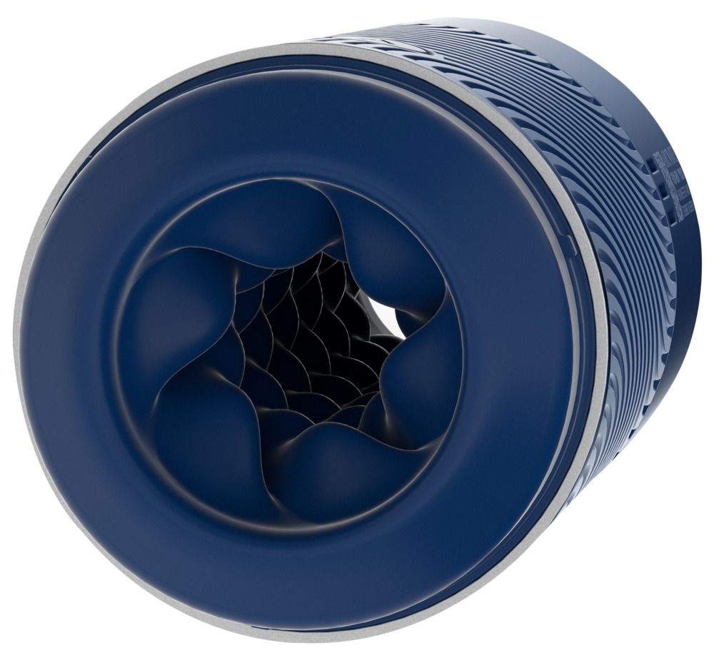 Masseur cylindrique bleu avec intérieur texturé et extérieur côtelé.