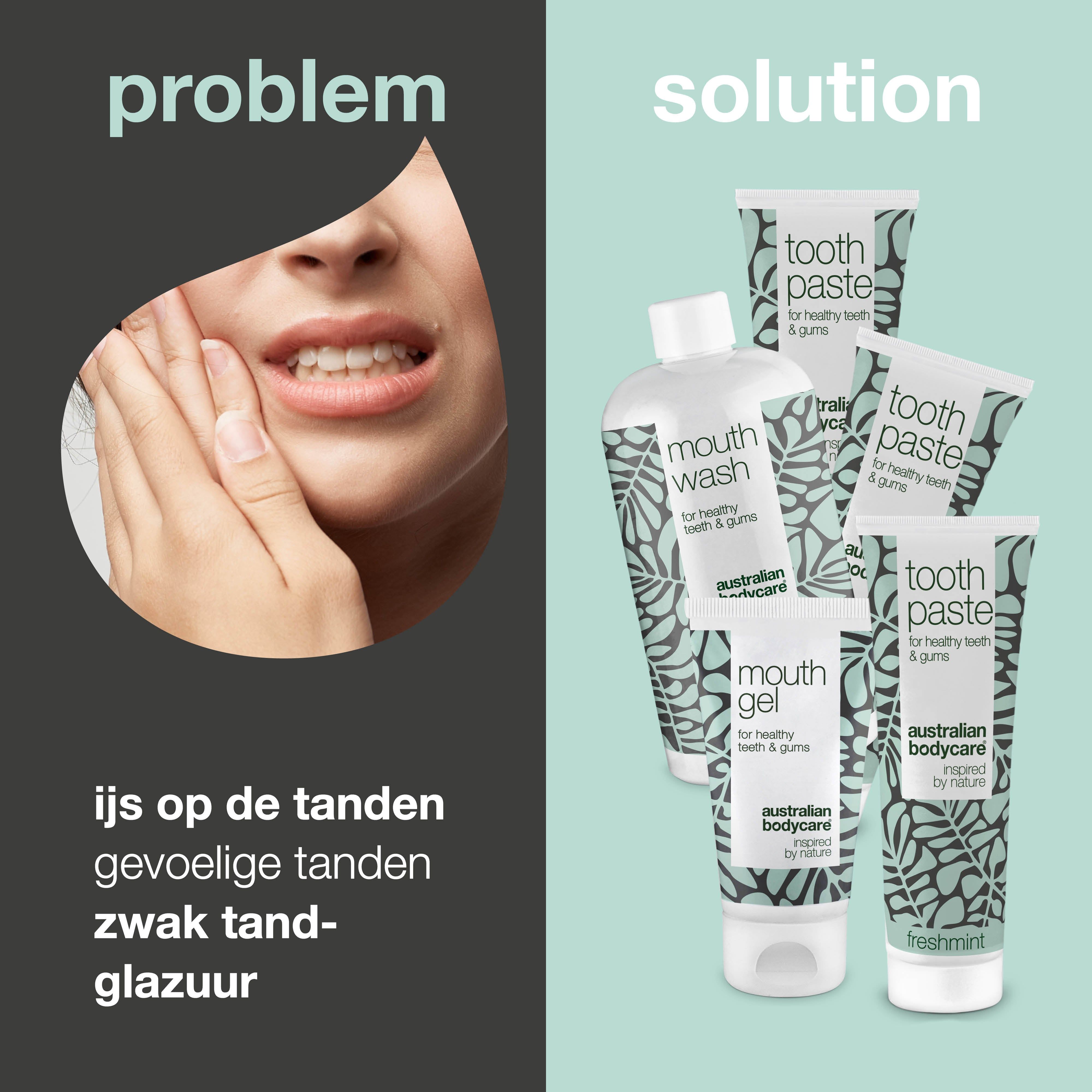 Vergelijking: probleem en oplossing. Producten: tandpasta, mondspoeling, mondgel. Tekst: Australian Bodycare.