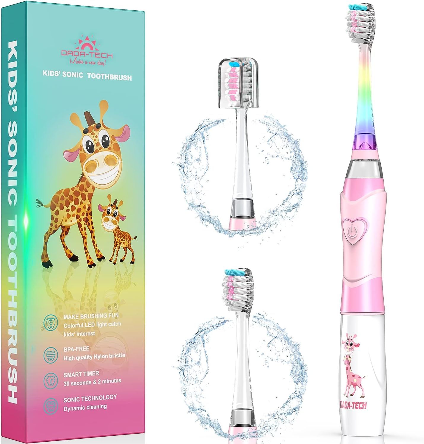 Roze elektrische tandenborstel voor kinderen, giraf-ontwerp, met vervangende borstelkoppen. Verpakking met giraf-illustratie en productinformatie.