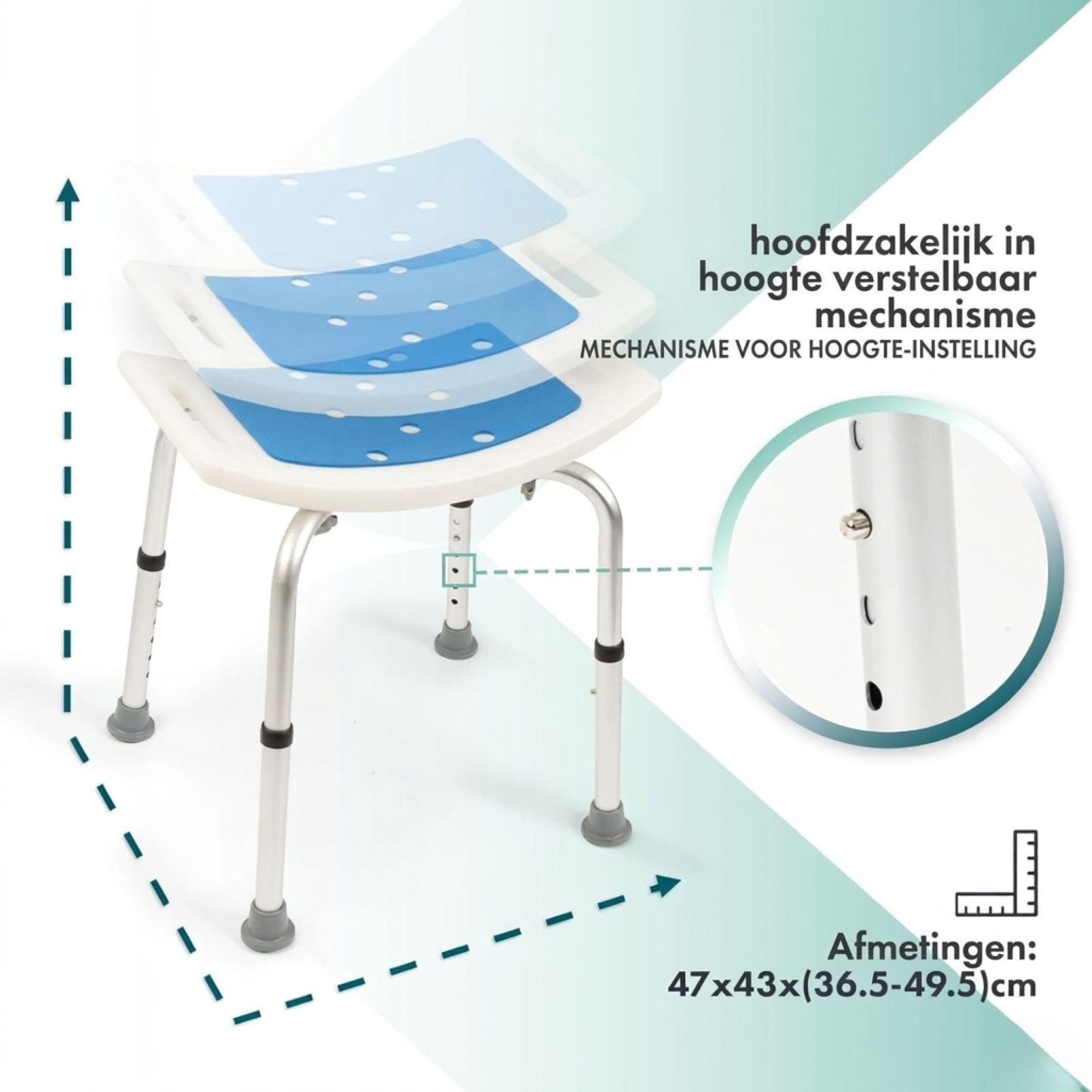 Douchekruk met hoogteverstelling. Afmetingen: 47x43x(36.5-49.5)cm.