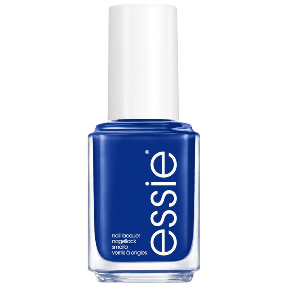 Flesje nagellak met blauwe lak en een witte dop. Op het flesje staat "essie".