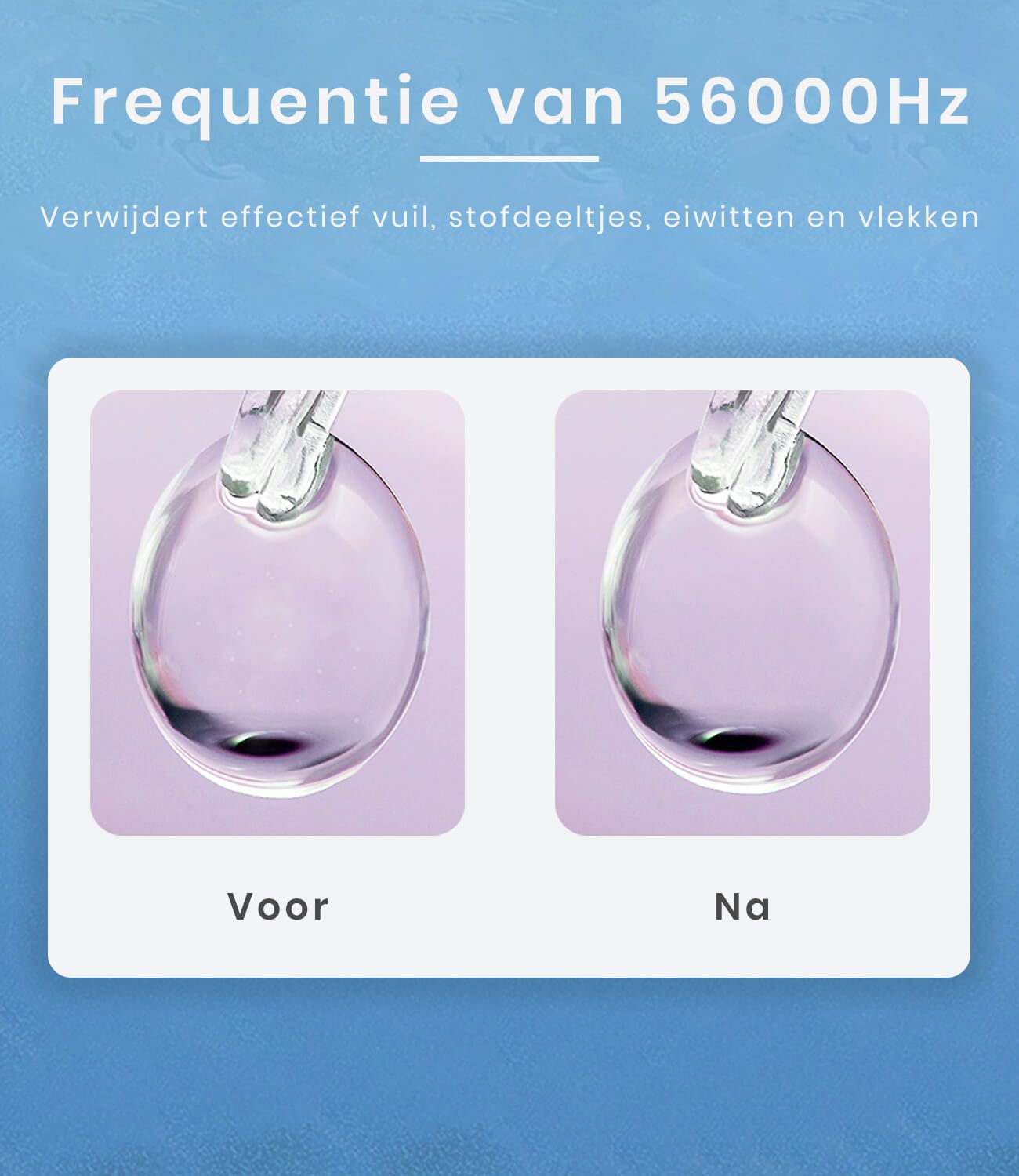 Vergelijkingsbeeld: Voor/Na. Twee ronde containers met vloeistof. Tekst: Frequentie 56.000 Hz.