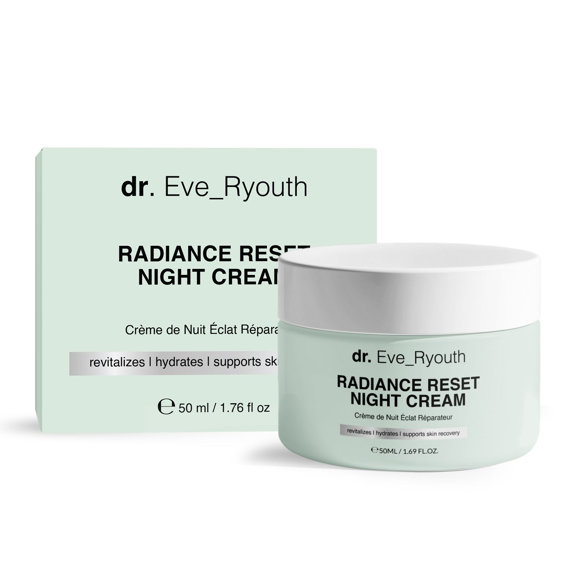 Pot et boîte de crème. Inscription: Dr. Eve_Ryouth Radiance Reset Night Cream. Texte: revitalizes | hydrates | supports skin recovery. 50 ml / 1.76 fl oz.