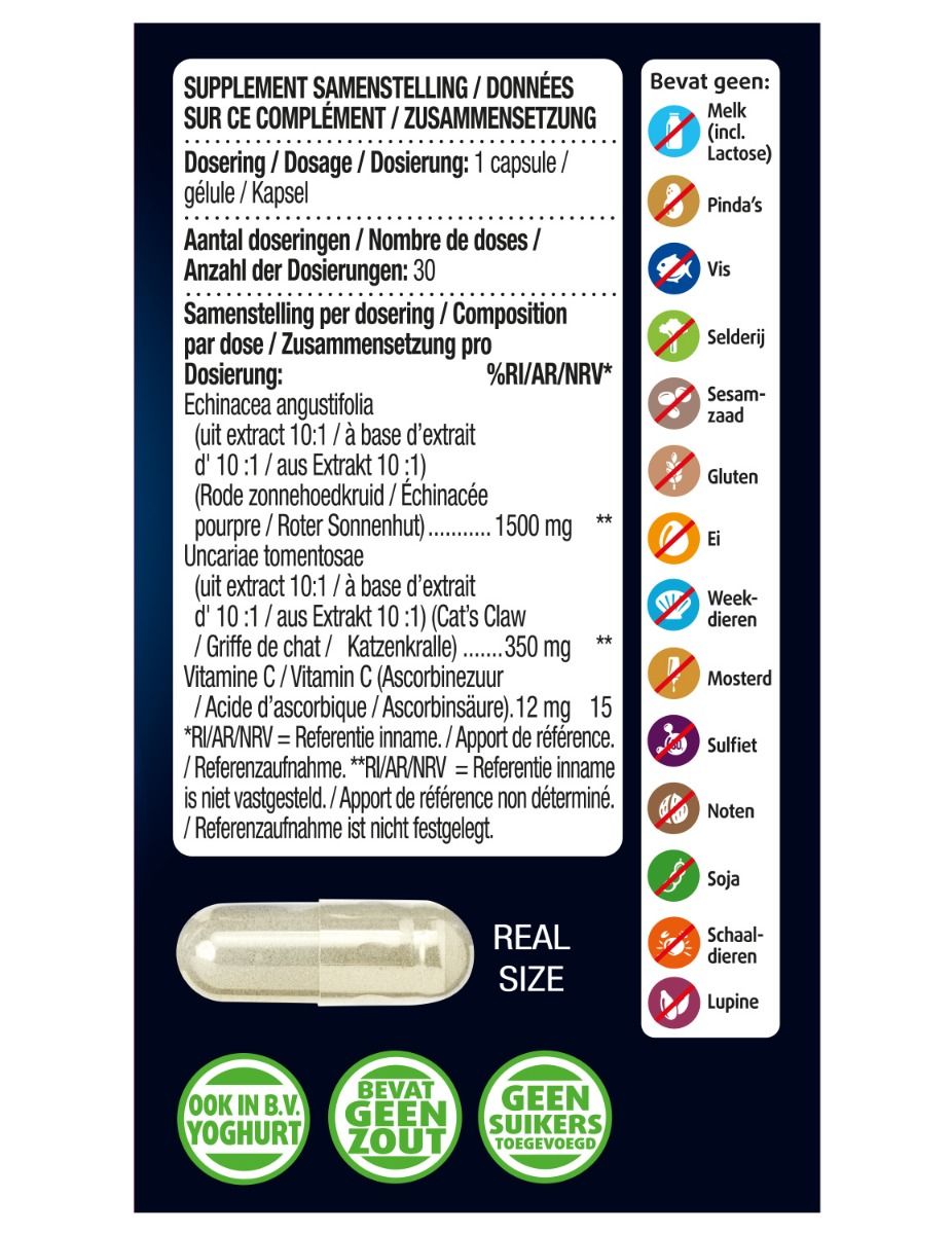 Achterkant verpakking. Informatie over ingrediënten, dosering en allergenen. Capsule-afbeelding.