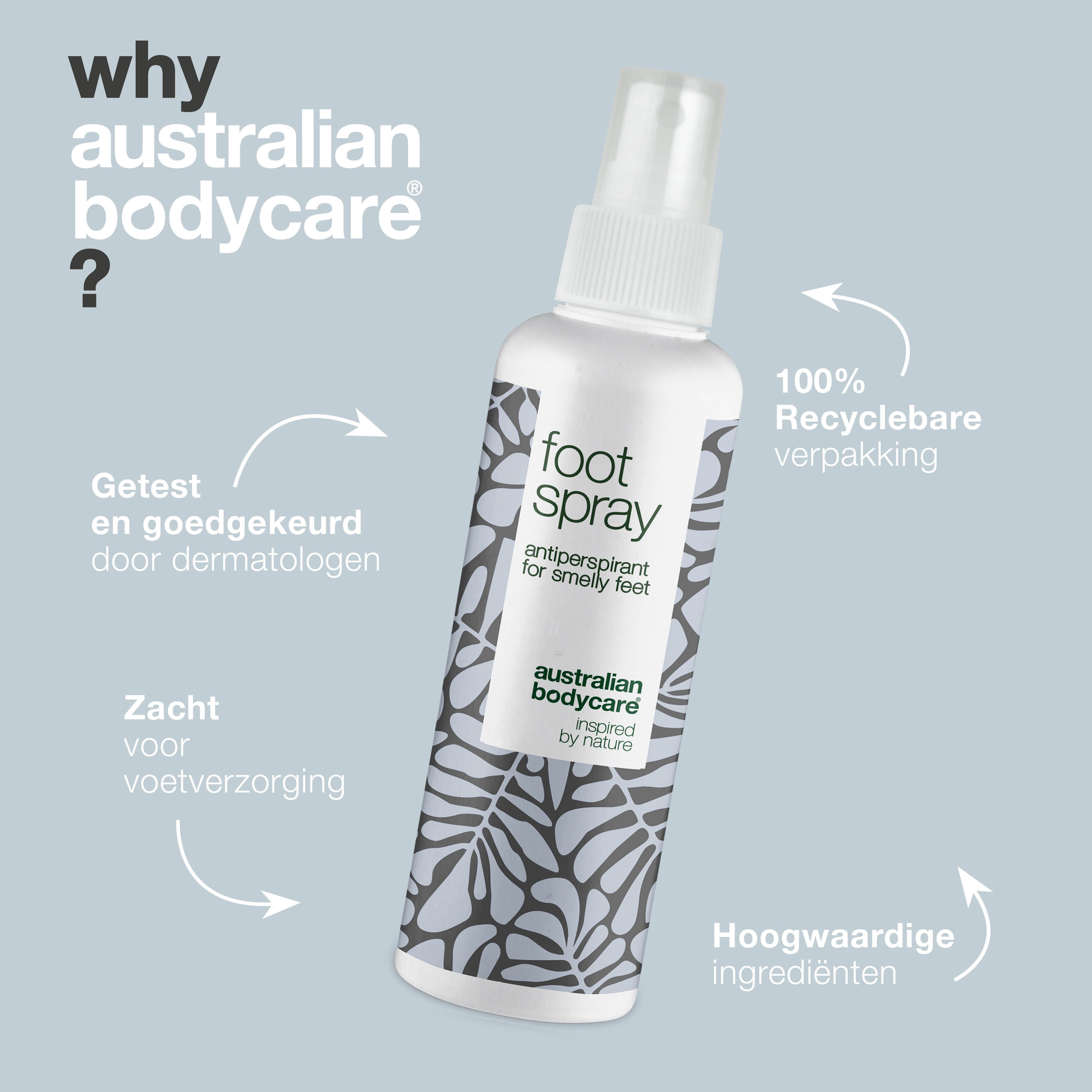 Voetensprayfles. Tekst: Getest en goedgekeurd door dermatologen, 100% recyclebare verpakking, Australian Bodycare.