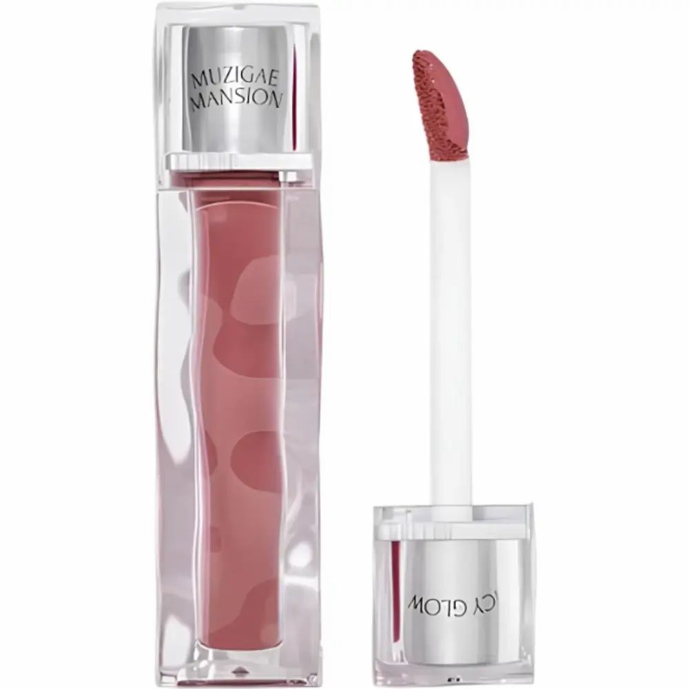 Lip tint met applicator. Transparante, hoekige fles met product en dop. Opschrift: MUZIGAE MANSION, ICY GLOW.