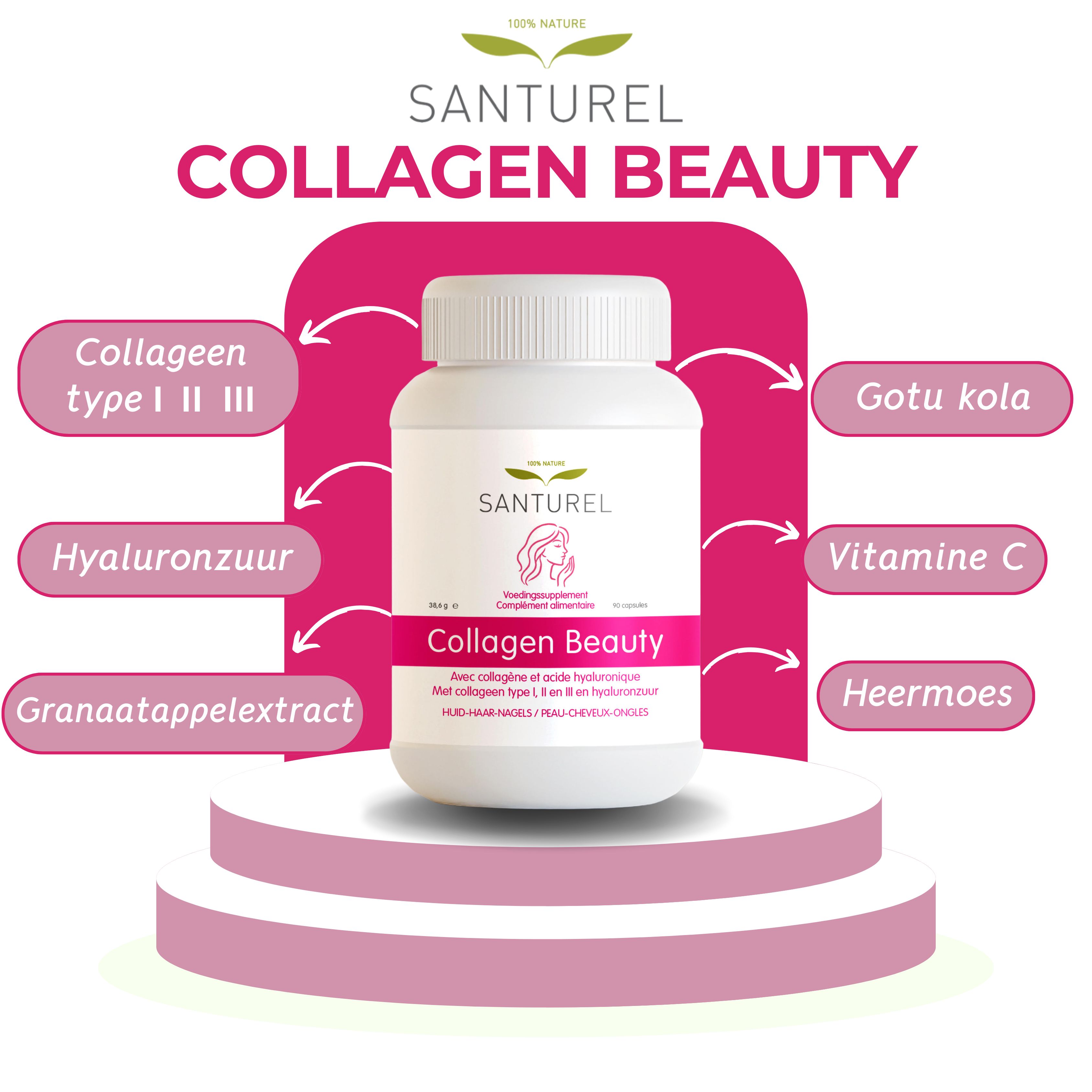 Fles Santurel Collagen Beauty op voetstuk. Ingrediënten: collageen, hyaluronzuur, Gotu kola, vitamine C, granaatappelextract, heermoes.