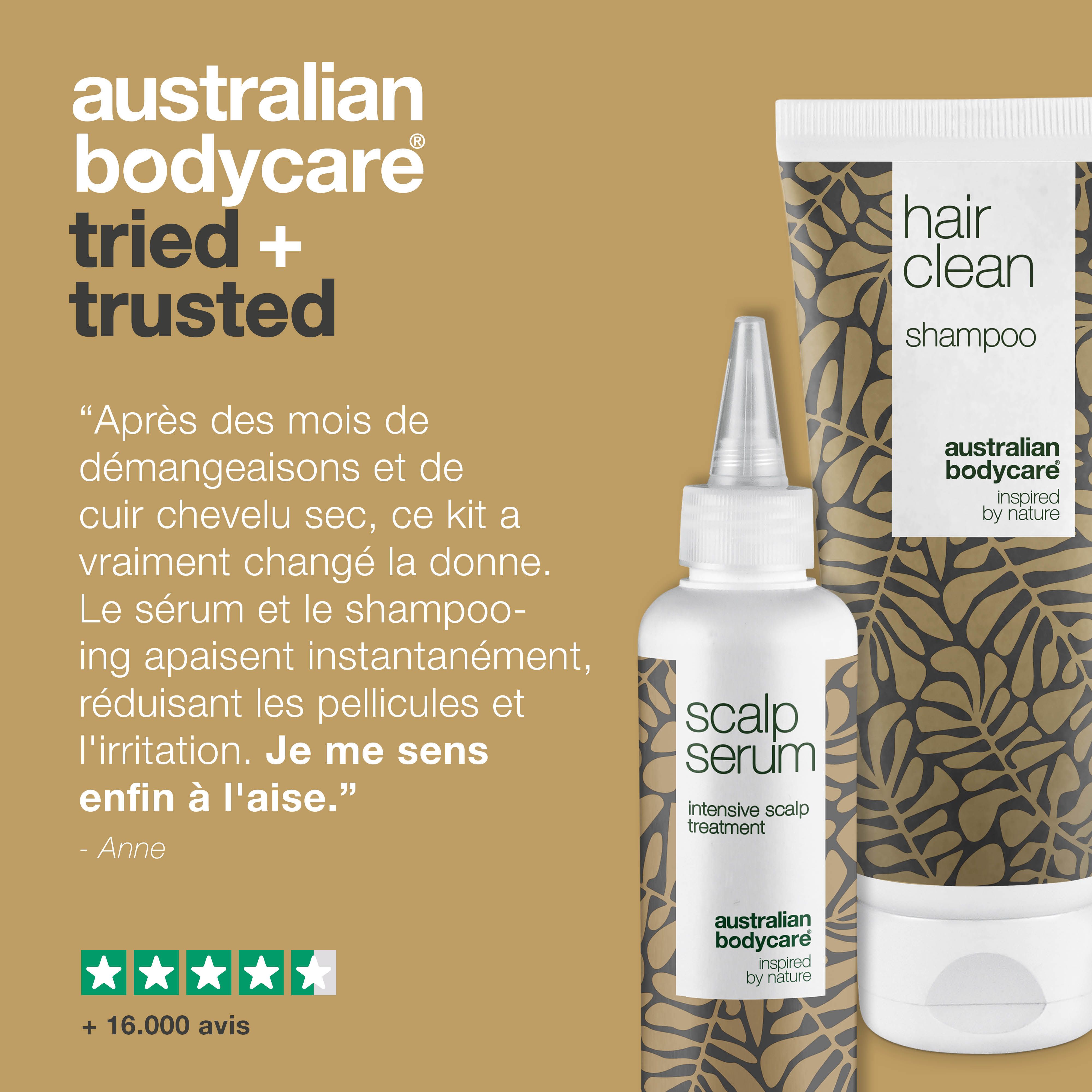Australian Bodycare : testé et approuvé. Citation : Anne. Produits : shampooing et sérum cuir chevelu.