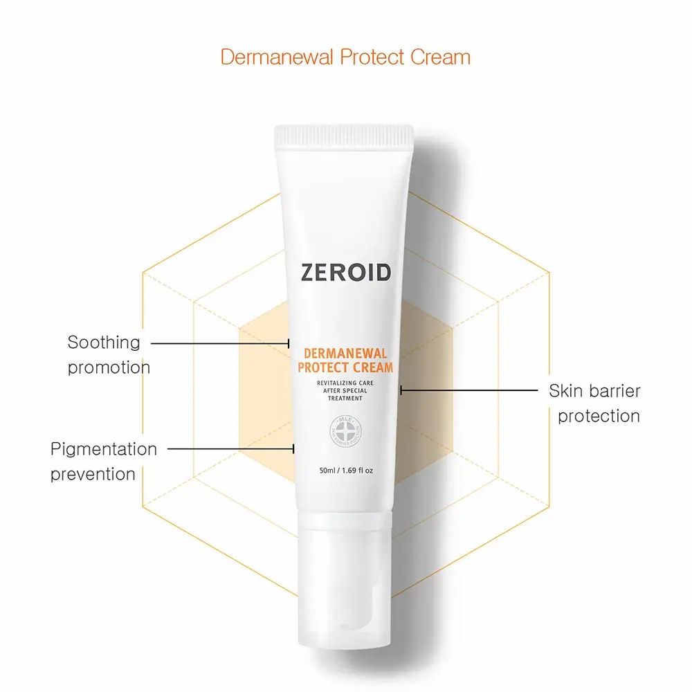Tube blanc ZEROID Dermanewel Protect Face Cream avec diagramme. Nom et logo visibles. 50ml / 1.69 fl oz.