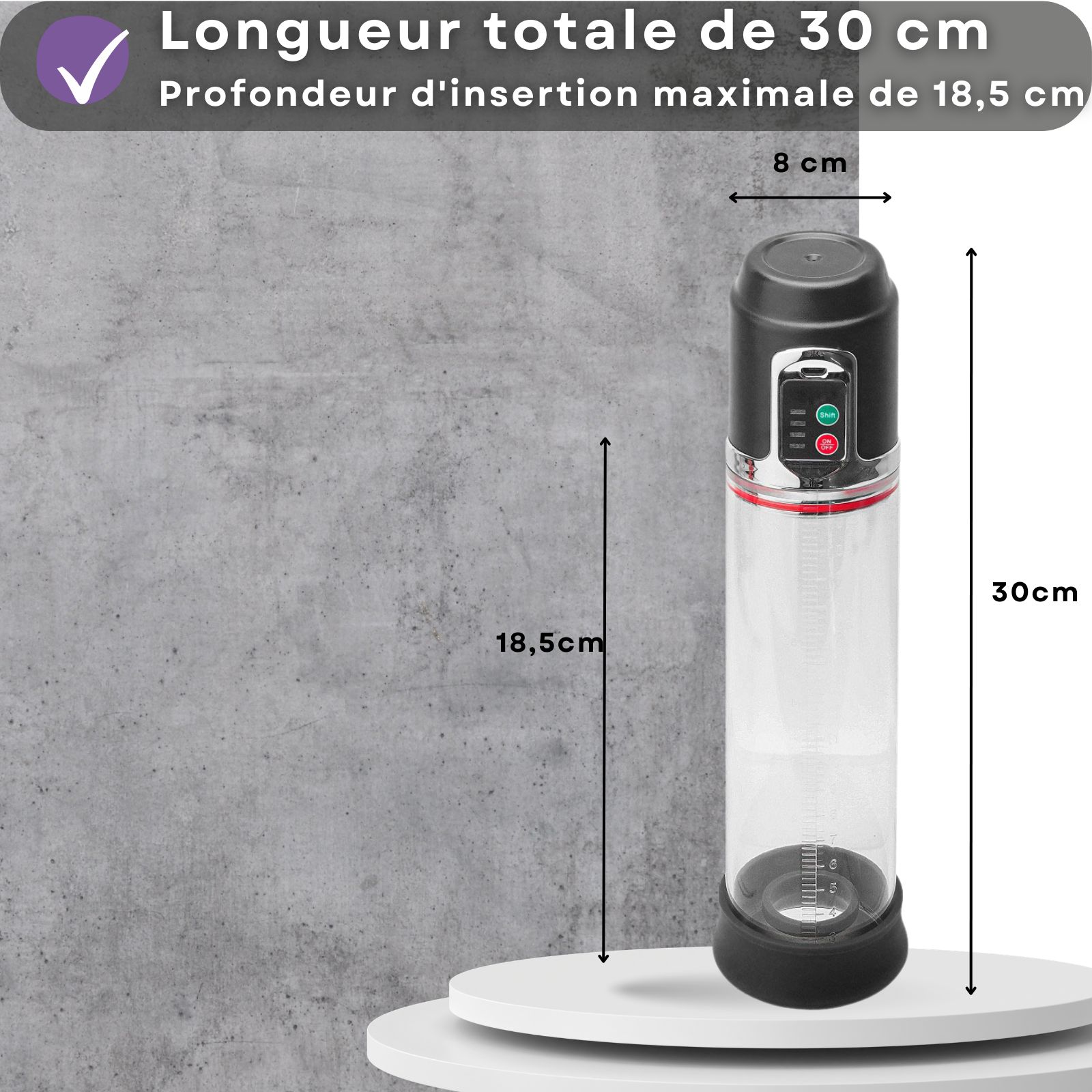 Pompe à pénis, 30cm de long, 8cm de diamètre, profondeur 18,5cm. Tête noire, cylindre transparent, base noire.