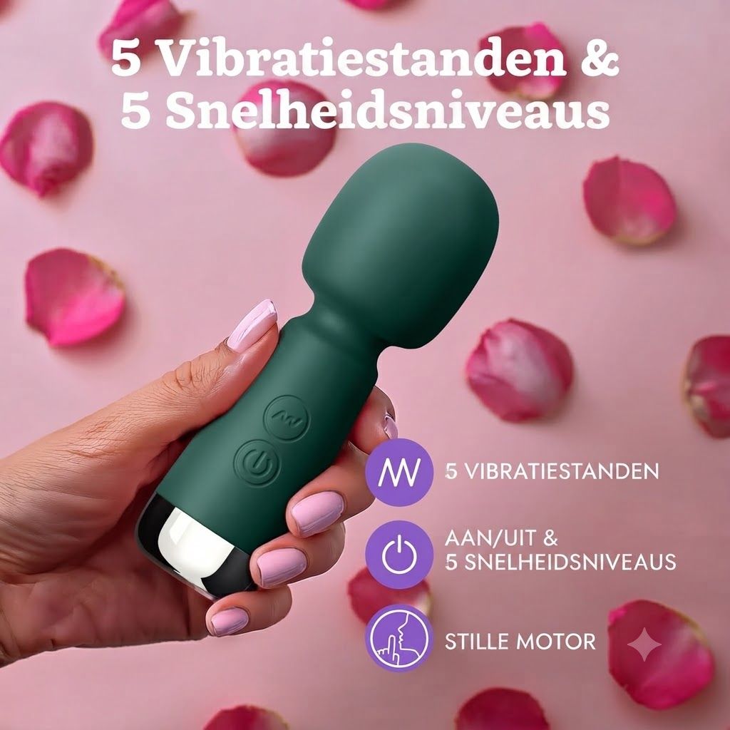 Donkergroene massage-wand met zilveren punt. Toont 5 vibratiestanden, 5 snelheidsniveaus en stille motor.
