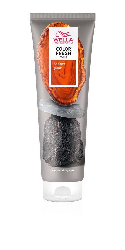 Grijze tube Wella Color Fresh Mask Copper Glow. Oranje steen en zwarte steen. Opschrift: Color depositing mask.