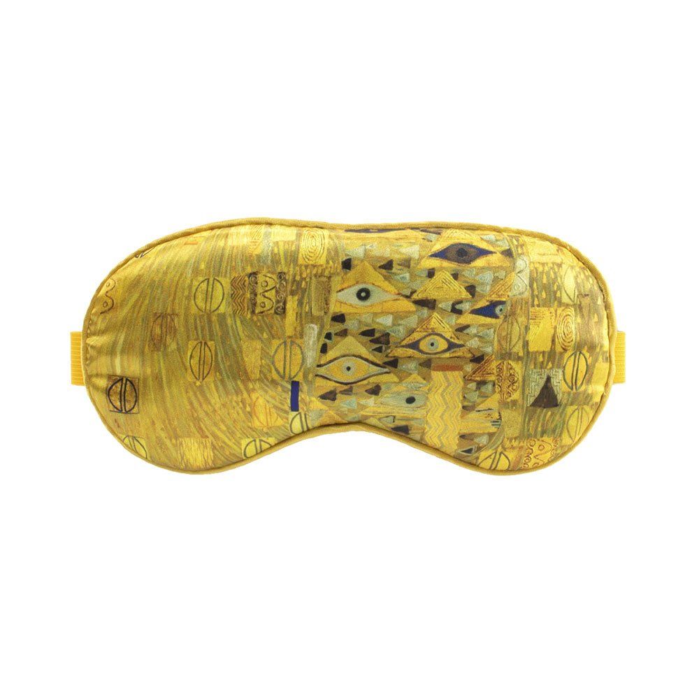 Klimt slaapmasker. Geel-gouden kleuren, patronen. Gele hoofdband.