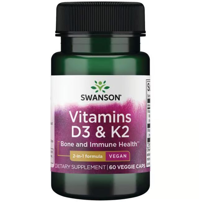 Bouteille verte de capsules Swanson Vitamine D3 & K2. 60 gélules végétales.
