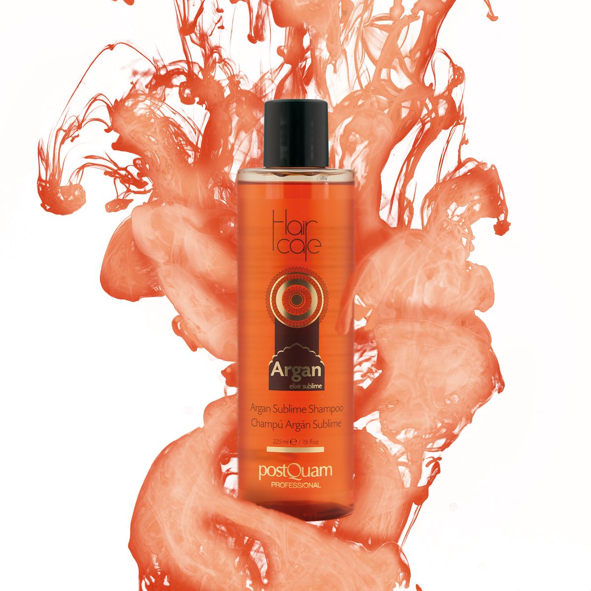 Shampoo fles met arganolie op oranje achtergrond. Zwarte dop. Opschrift: Hair care, Argan Sublime, postQuam.