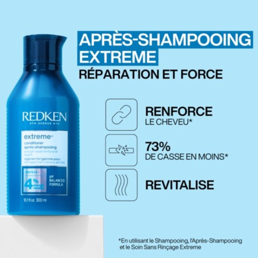 Blauwe fles Redken Extreme Après-Shampooing. Tekst: Réparation et Force, Renforce le Cheveu, 73% de casse en moins, Revitalise.