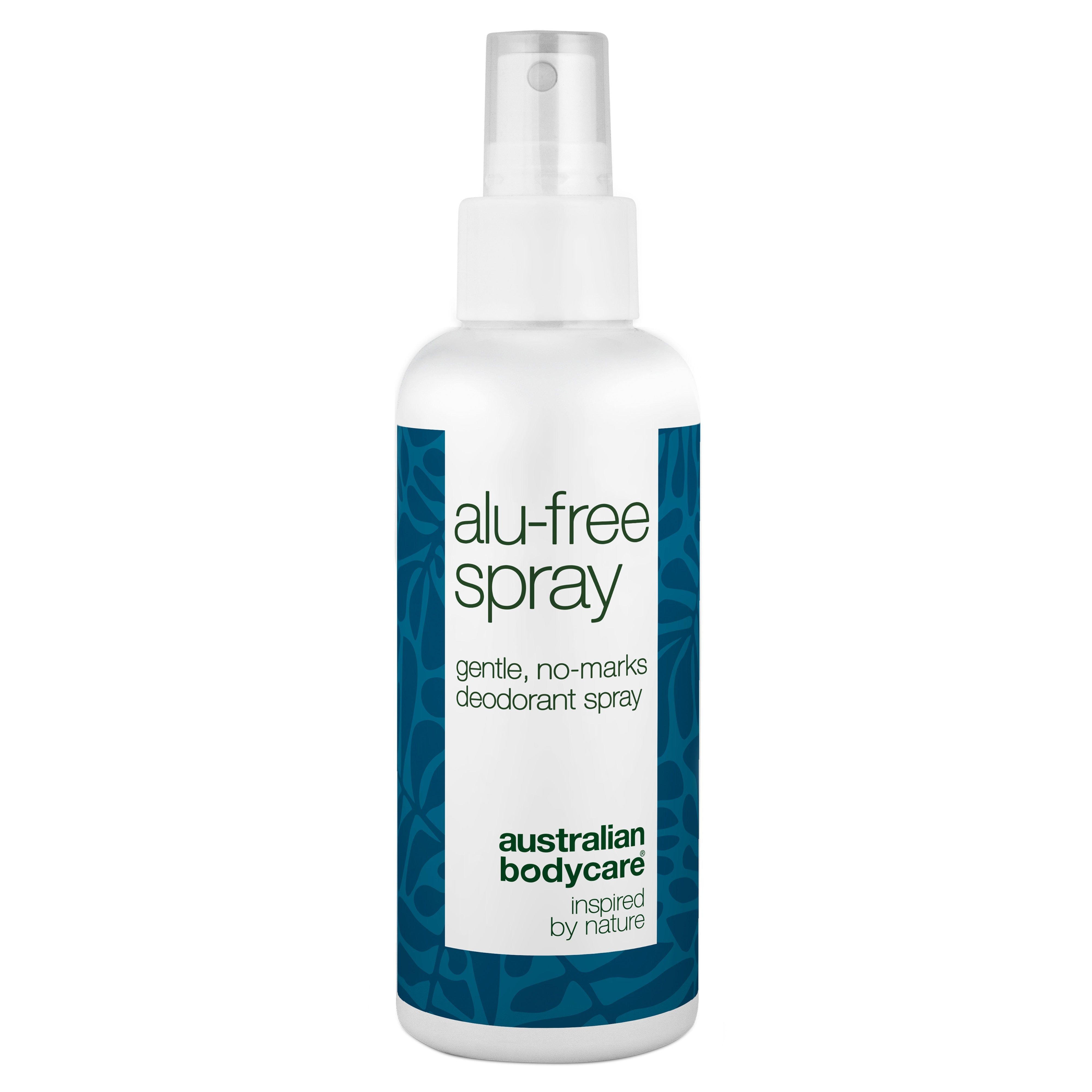 Spray sans aluminium. Flacon blanc avec vaporisateur. Texte: alu-free spray, gentle, no-marks deodorant spray. Logo: Australian Bodycare.