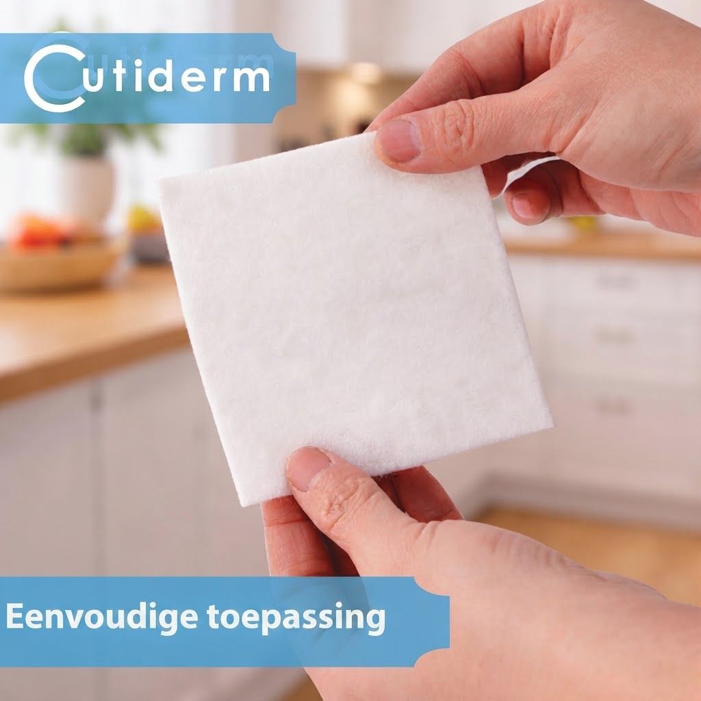 Een wit, vierkant non-woven pad, vastgehouden door twee handen. Linksboven is het logo 'Cutiderm' zichtbaar.