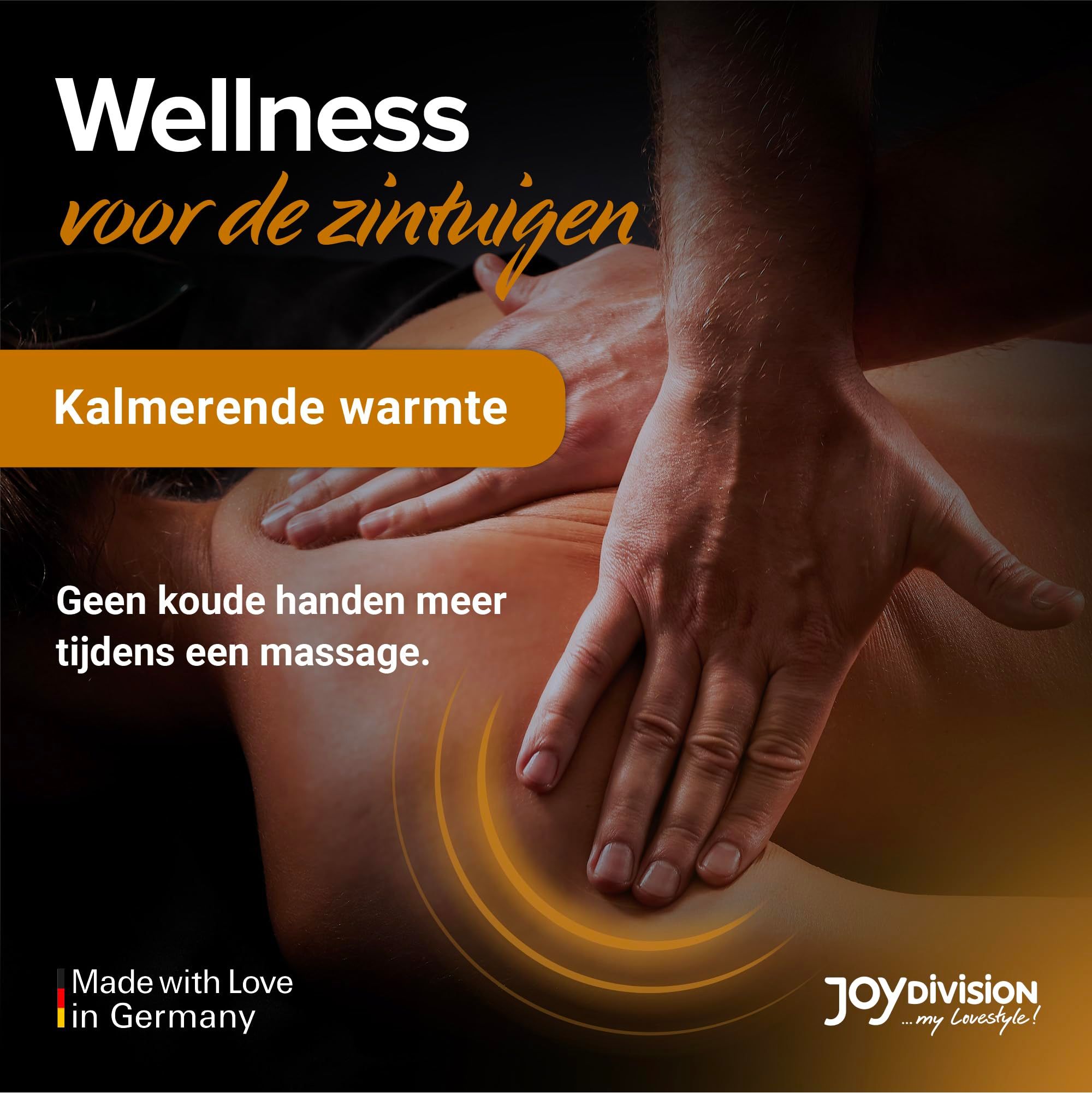 Fles karamel massageolie, met afbeelding van karamelstukjes en tekst.