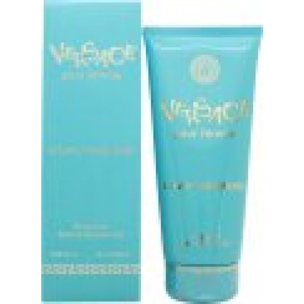 Tube et boîte turquoise. Inscription Versace pour femme Dylan Turquoise. "Perfumed Bath & Shower Gel".