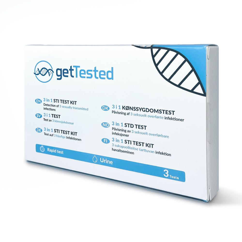GetTested 3 in 1 STI Test doos. Blauwe accenten. Tekst: 3 in 1 STI Test Kit, Rapid test, Urine, 3 Tests. Logo en DNA-symbool.
