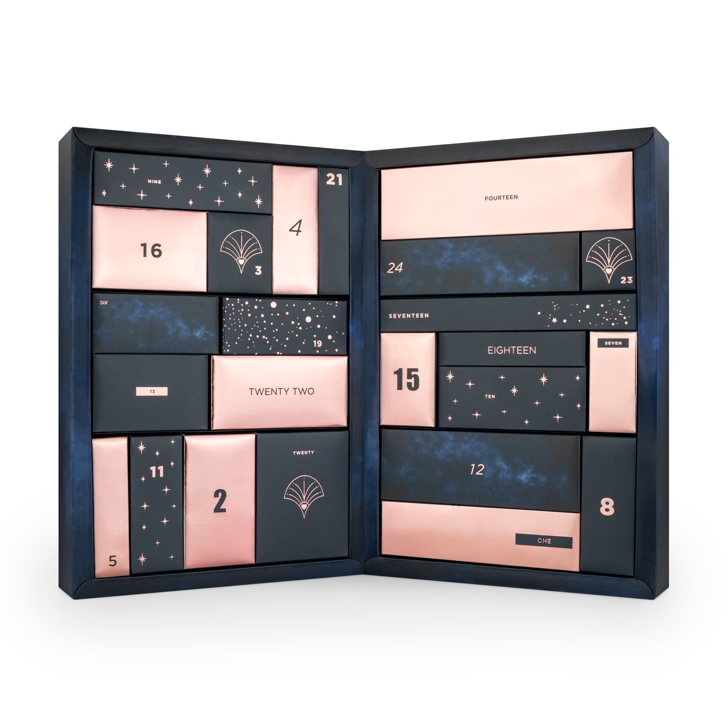 Geopende adventskalender. Blauwe en roze elementen. Cijfers op de deuren.