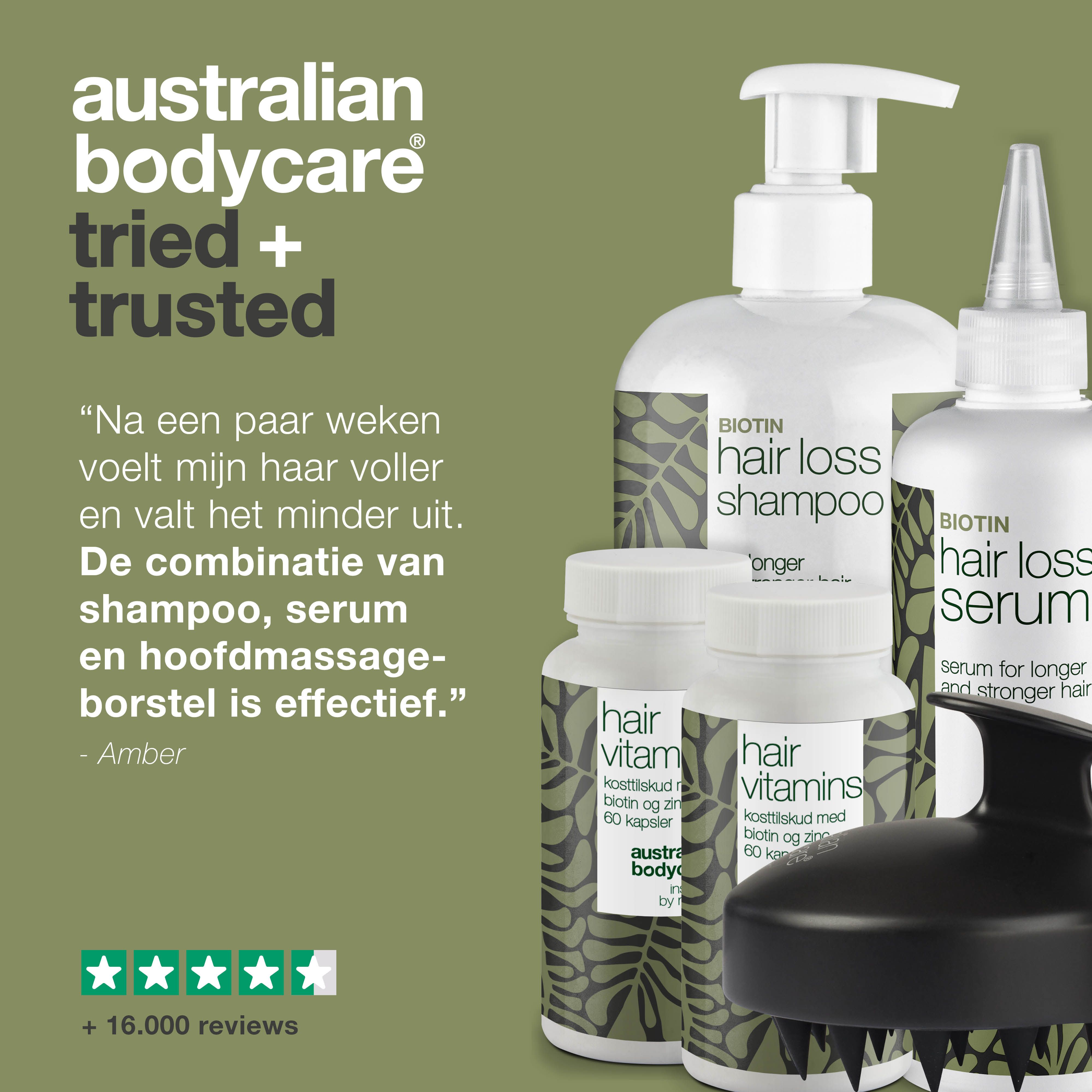 Producten op groene achtergrond. Shampoo, serum, capsules, borstel. Tekst: Ik heb het complete pakket geprobeerd.
