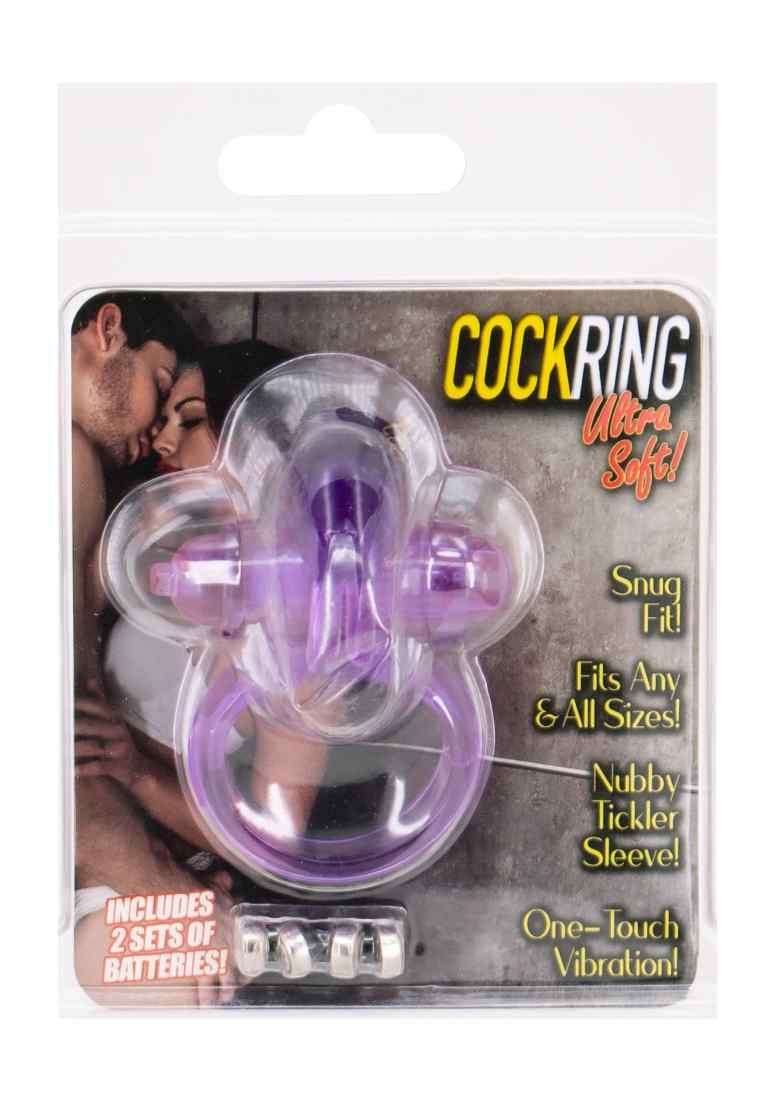 Cockring vibrant violet avec oreilles de lapin, emballé. Inclut 2 piles.