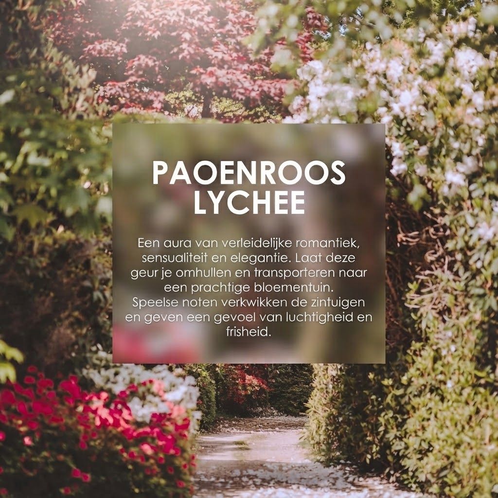 PAOENROOS LYCHEE tekst op een tuinpad met bloeiende planten.