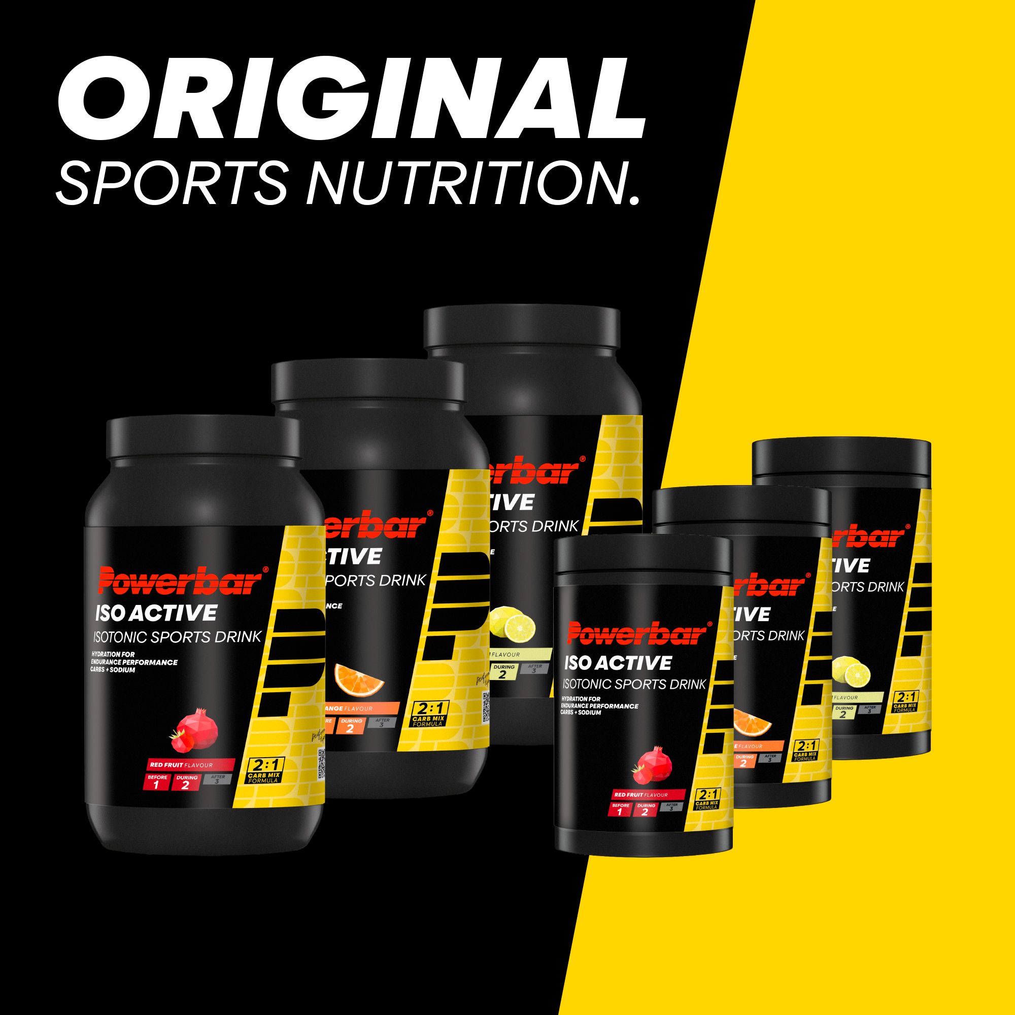Boisson isotonique PowerBar Isoactive dans un récipient noir avec étiquette jaune.