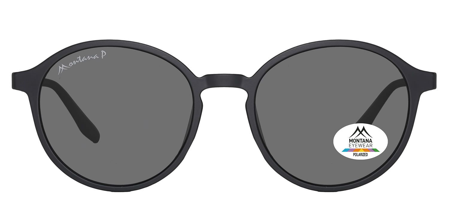 Lunettes de soleil rondes noires. Logo Montana Eyewear sur la branche. Verres polarisés. Autocollant logo sur la lentille droite.