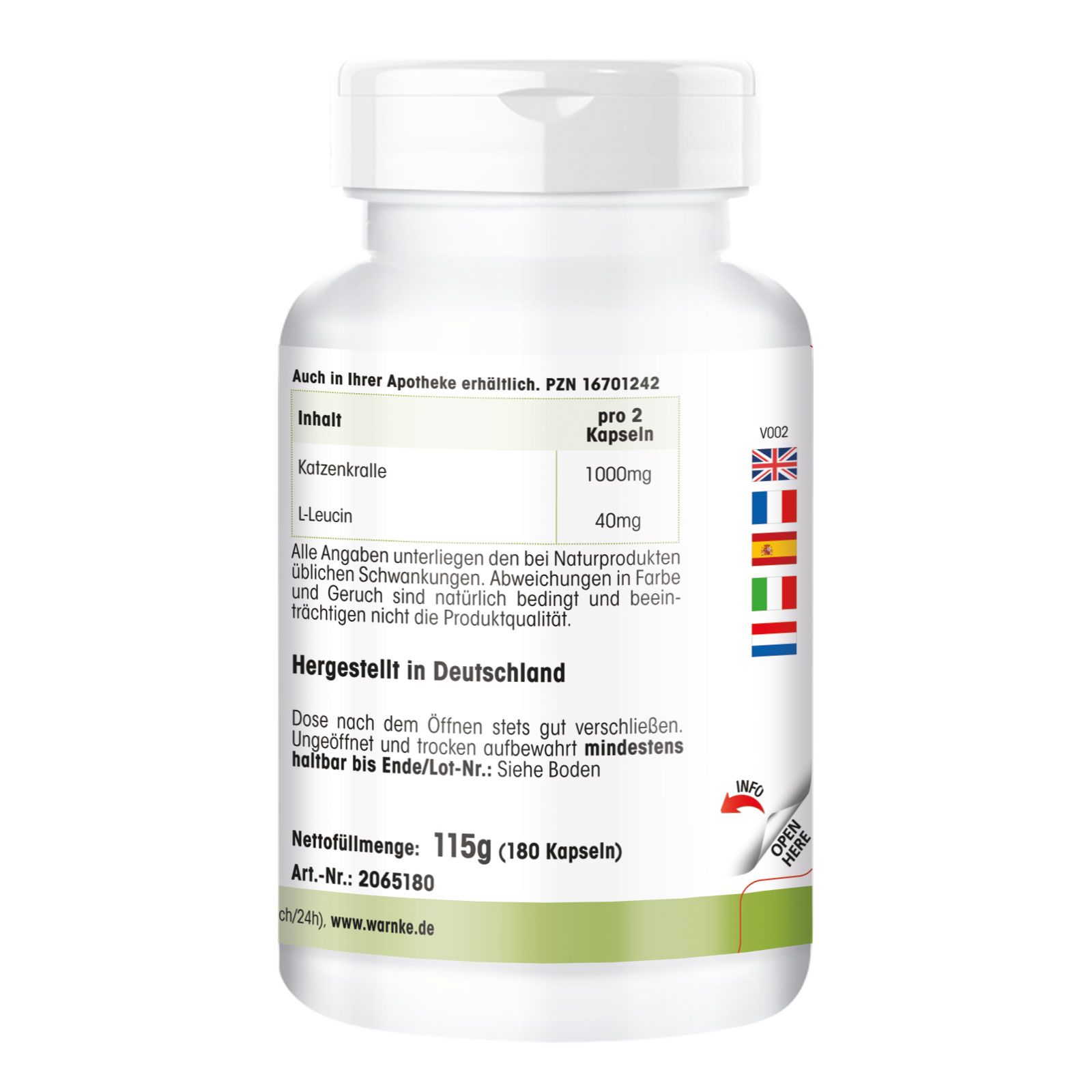 Achterkant van de capsulefles. Tekst met informatie per capsule. 'Gemaakt in Duitsland'. Nettogewicht 115g.