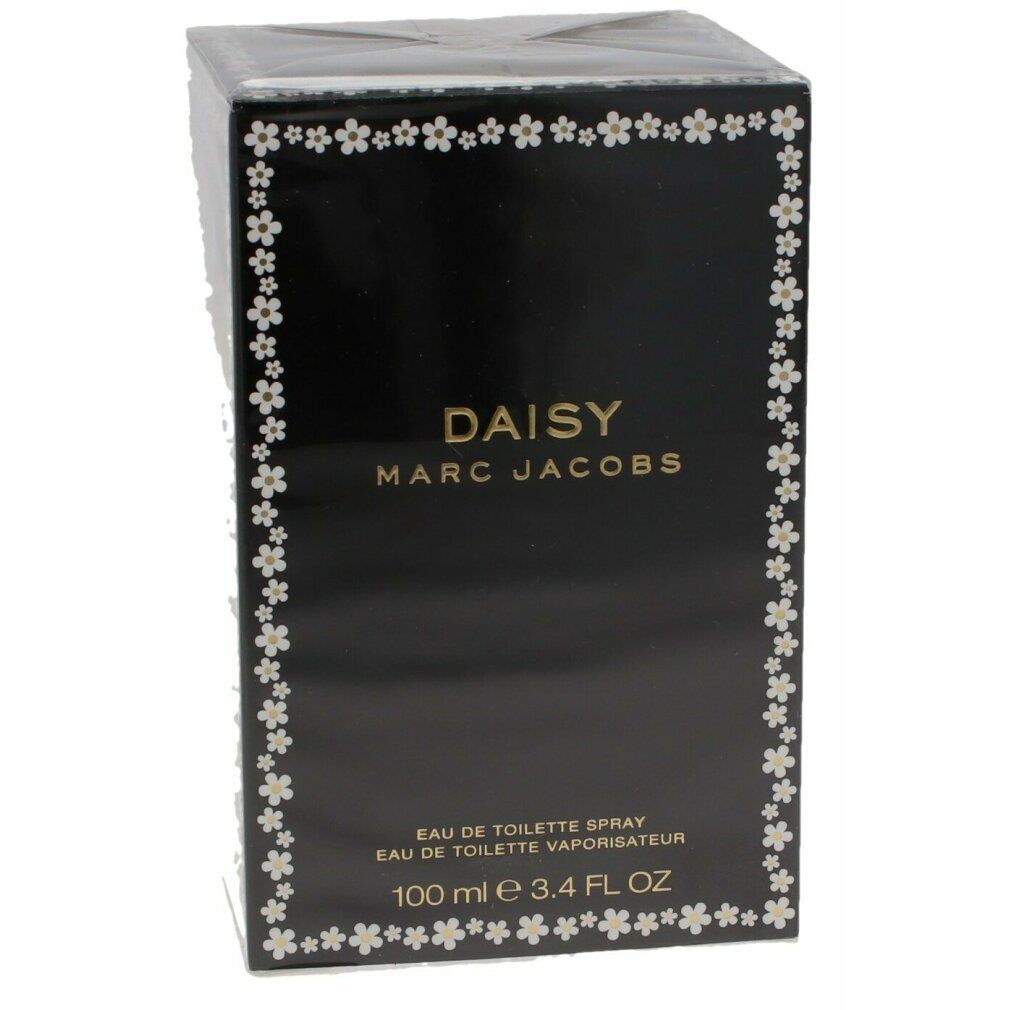 Zwarte doos met witte bloemen en opschrift: DAISY MARC JACOBS. Eau de Toilette Spray. 100 ml.