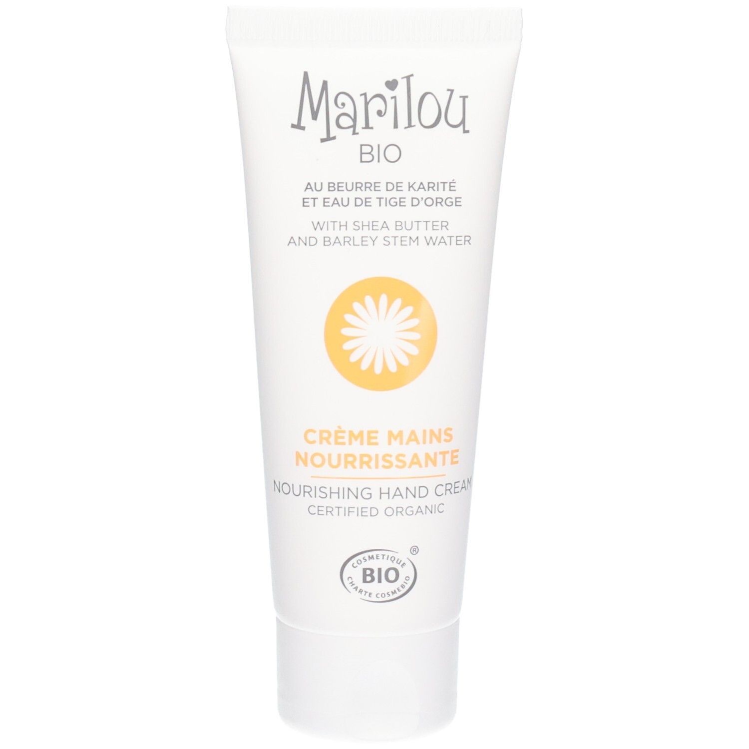 Tube blanc Marilou BIO Crème Mains Nourrissante. Contient du beurre de karité et de l'eau de tige d'orge. Certifié biologique.