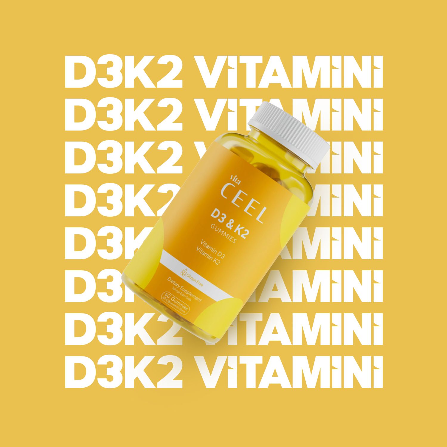 Fles VITA CEEL D3 & K2 Gummies op een gele achtergrond met herhalende tekst.