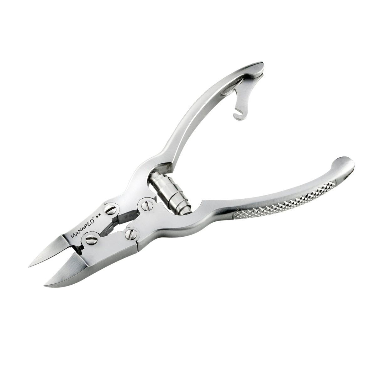 Nagelknipper met dubbele tandwielen. Zilverkleurig metaal. MANePED-logo. Open weergave.